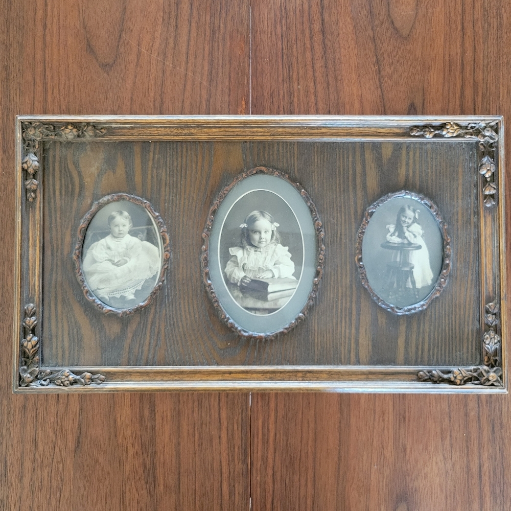 Vintage Ornate Wooden Picture Frame Triple Oval Frosted Glass Victorian 19x11in